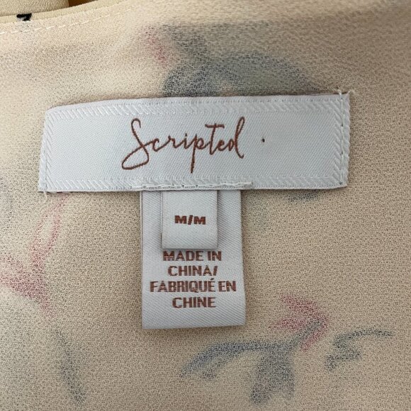 Scripted Women's Peach Blue floral print blouse Plunge Wrap Front Long Sleeves M - Picture 5 of 6